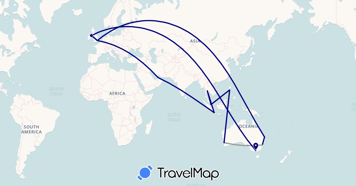 TravelMap itinerary: driving, plane in United Arab Emirates, Australia, United Kingdom, Indonesia, Philippines, Singapore, Thailand (Asia, Europe, Oceania)